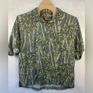 Shirt Men’s XXL Blue Silk Short Sleeve‎ Floral Leafy Print Jamaica Leaf